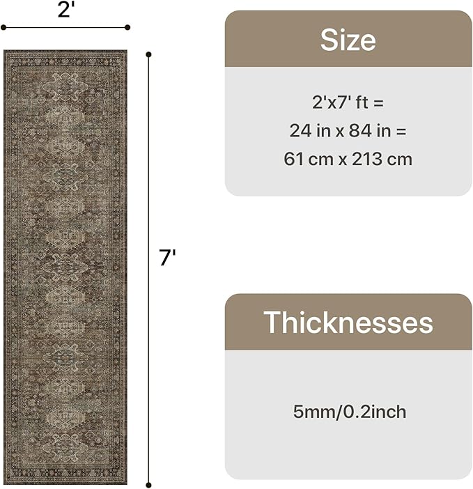Bavni Washable Runner Rug 2x7, Non Slip Long Hallway Rug, Vintage Print Low Pile Ultra Thin Washable Carpet for Kitchen Bedroom, Brown