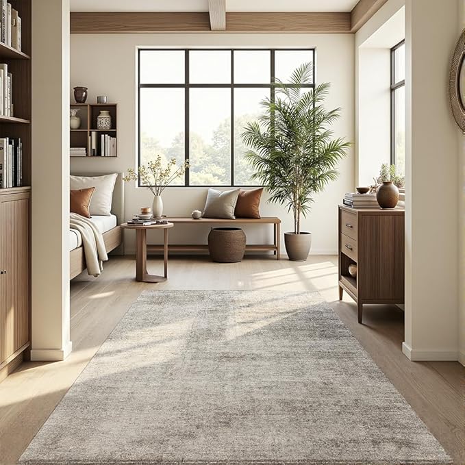 Area Rug 8x10 Washable Rug Beige for Living Room, Dining Room, Bedroom, Large Carpets, Non Slip & Non-Shedding Low Pile Vintage Print Rug for Home Office Decor
