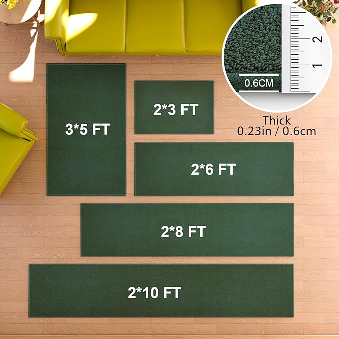 Runner Rug with Non Slip Rubber Backing, Washable Soft Floor Carpet for Kitchen, Hallway, Entryway Indoor, Bedroom, Laundry, Low Pile Area Rugs, Solid Color with Pointillism Style (Green, 2' * 10')