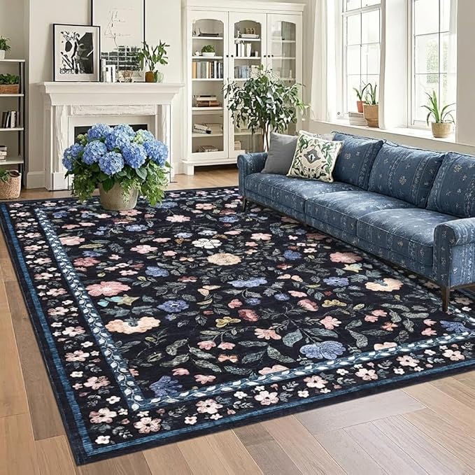 GarveeHome Washable Area Rug 9 x 12 for Living Room, Non-Slip Soft Vintage Rug, Low Pile Farmhouse Floral Carpet, Non-Shedding Indoor Foldable Printed Rugs for Bedroom, Dark Grey Blue