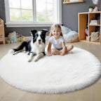 4x4 Round Solid Fluffy White Area Rug – Washable, Durable, Circle Bedroom Rug, Non-Slip High Pile Shag Rugs for Living Room, Bedside, Dorms, Nursery Rooms, Kids Room, Soft Indoor Floor Carpet