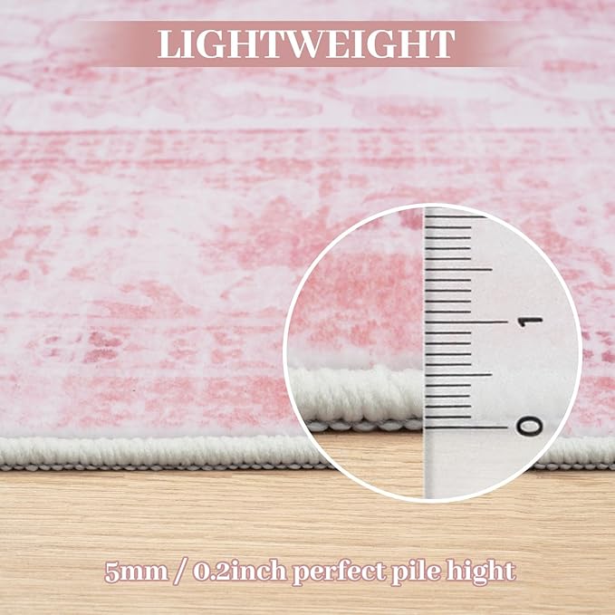 LIVEBOX Pink Area Rug 4x6, Vintage Living Room Rug Machine Washable Area Rugs, Pink Rugs for Bedroom Girls, Indoor Carpet for Dining Room Nursery Dorm Home Decor
