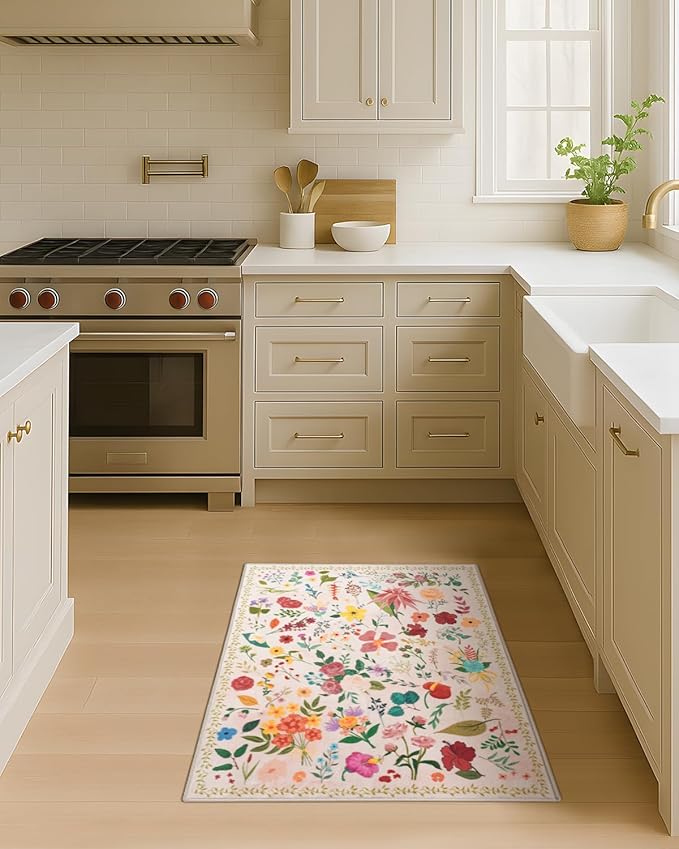 Boho Floral Entryway Rug 2x3, Washable Small Mat for Bathroom and Kitchen, Non Slip Front Door Mat Indoor Entrance, Vintage Style Flower Mat with Rubber Backing, Soft Area Rug for Entry Way (Beige)