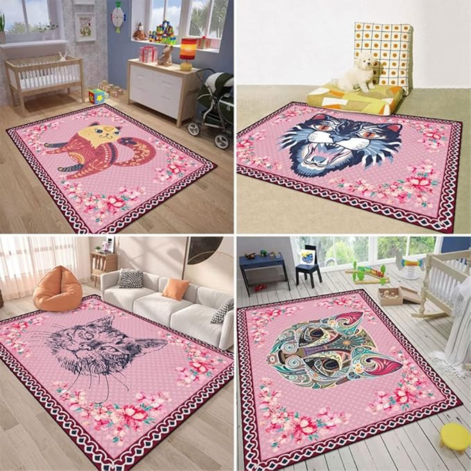 Cartoon Animal Pattern Area Rug Cute Cat Luxury Floral Decor for Carpet Farmhouse Bedroom Living Room Rugs Bathroom Kitchen Runner Mat Indoor Outdoor Non Slip Doormat 2' X 4'