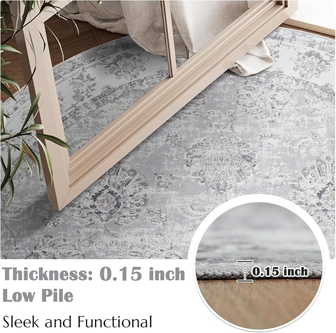 jinchan Fiora Round Rug 7ft Area Rugs - Vintage Floral Distressed Design Machine Washable Non-Slip Low-Pile Ultra-Thin Circle Rug for Living Room Dining Room Bedroom Farmhouse (7' Round, Grey)