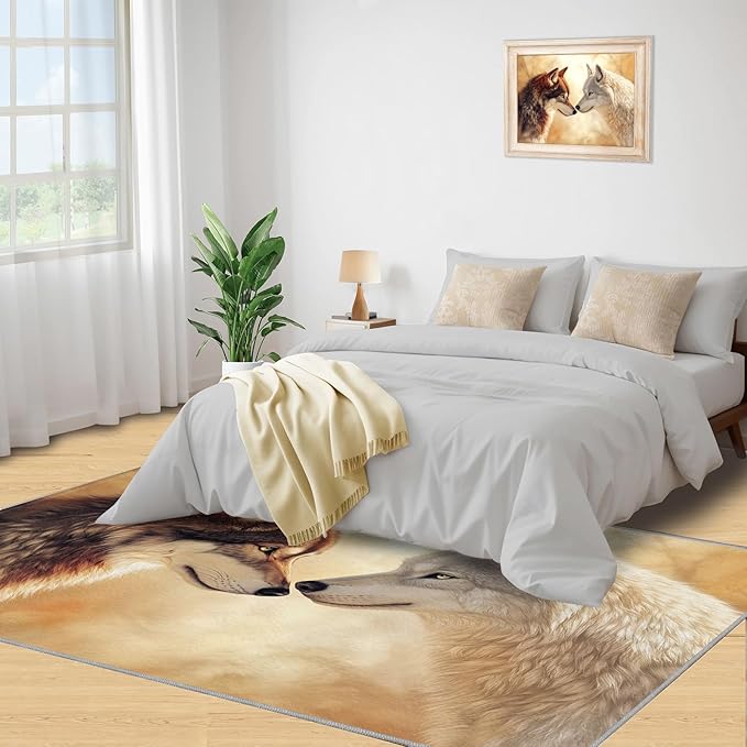 Wolf Rugs for Bedroom - 5x6 Area Rug - 3D Wolf Rugs for Living Room, Misty Forest Rug, Non-Slip Washable Home Decor Carpet