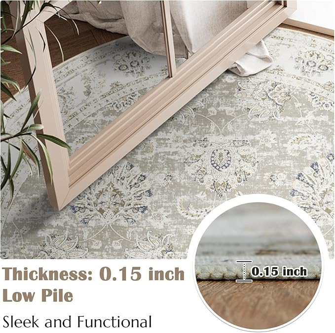 jinchan Fiora Round Rug 7ft Area Rugs - Vintage Floral Distressed Design Machine Washable Non-Slip Low-Pile Ultra-Thin Circle Rug for Living Room Dining Room Bedroom Farmhouse (7' Round, Taupe)