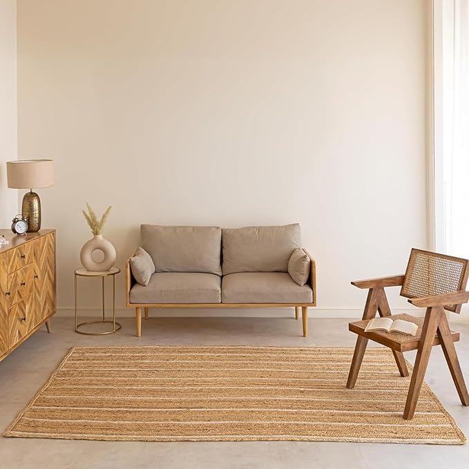 HOMEMONDE Natural Braided Jute Area Rug - 8'x10' Off White Stripe Eco Friendly Premium Fiber - Durable and Reversible Boho Farmhouse Decor Rugs for Living Room, Bedroom, Dinning Room, Kitchen, Office
