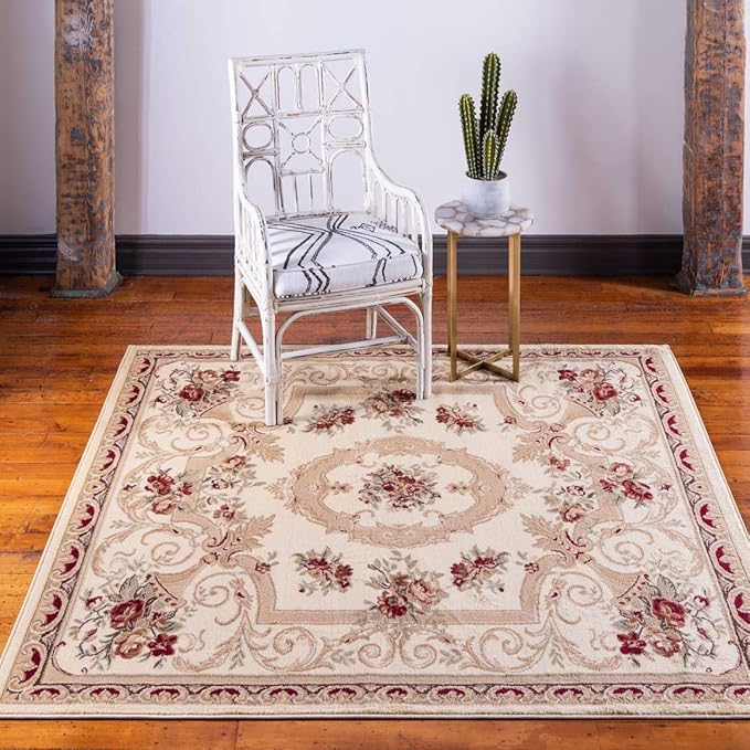 Unique Loom Versailles Collection Traditional Classic Floral Motif Area Rug (4' 0 x 4' 0 Square, Ivory/ Tan)