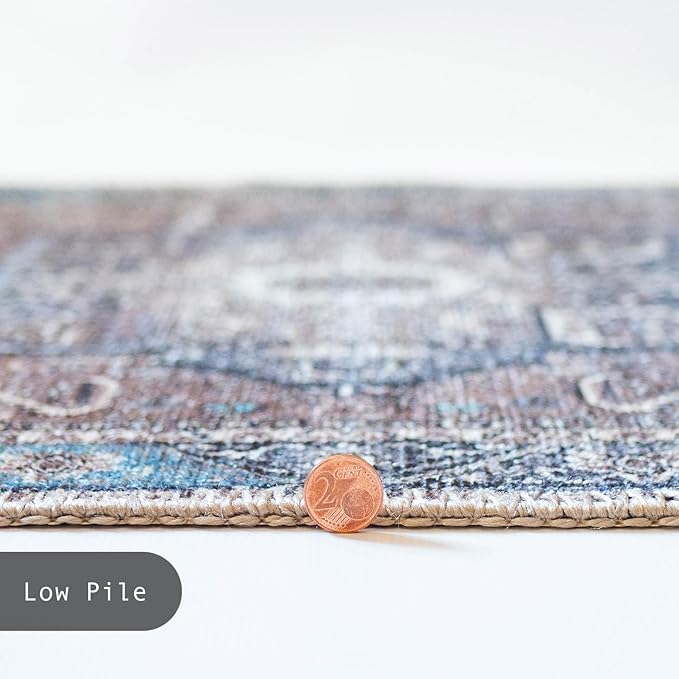GLN Rugs Traditional Collection - Machine Washable Area Rug, Traditional Washable, Non Slip, Low Pile Chenille Rug, Living Room, Bedroom, Kitchen Rug (8' x 10' Brown/Blue)