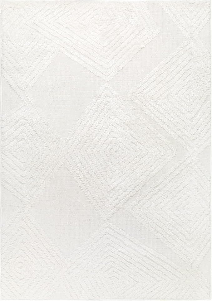 Antep Rugs Palafito 6x9 Geometric Shag Diamond High-Low Pile Textured Indoor Area Rug (White, 6'7" x 9')