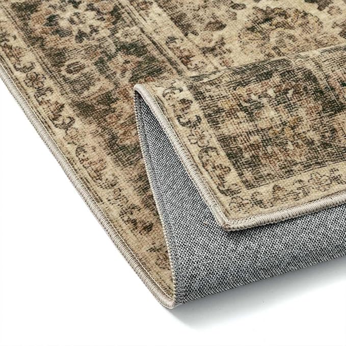 3x8 Washable Runner Rug for Kitchen Hallway Brown Vintage Non-Slip Low Pile Distressed Rustic Carpet Lightweight Vacuumable Soft Long Throw Rug for Indoor Entryway Bedroom