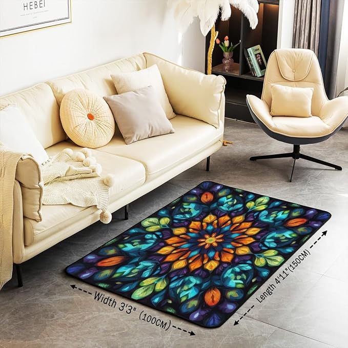 Vintage Mandala 3x5 Area Rug Bohemian Style Watercolor Flower Rugs for Living Room | Boho Floral Washable Rug, Antique Decor Victorian Damask Carpet Indoor Floor Mat