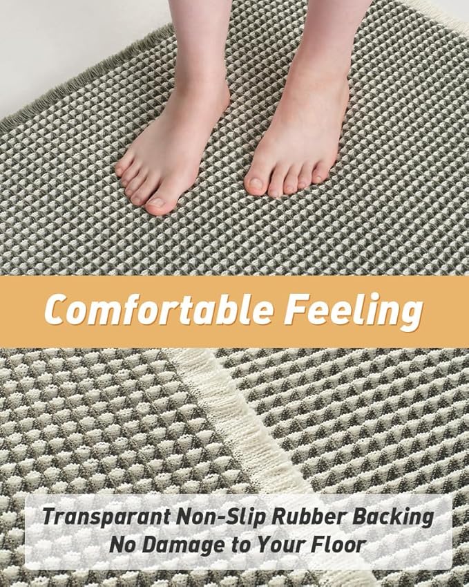 AMOAMI Upgraded Waffle Runner Rug Super Absorbent Non Slip Bath Mats for Bathroom Machine Washable Bathroom Runner Rug with Tassels, Ideal for Hallway Bedroom Laundry Room, 17" x 60‘’, Green & Cream