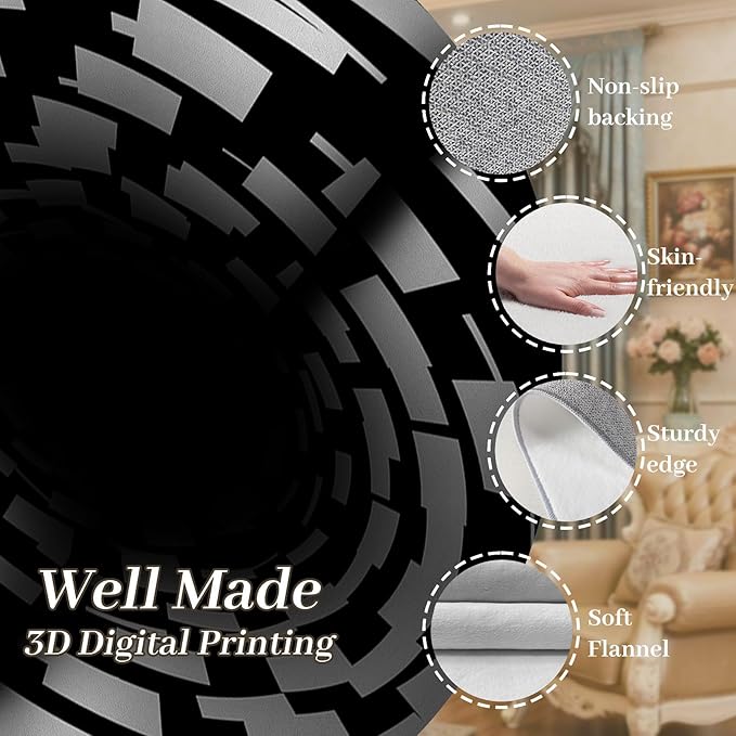 3D Illusion Swirl Area Rugs, 5x6ft, Modern Abstract Grid Black Hole Living Room Carpet, Geometric Black White Check Washable Carpets, Ultra Soft Cozy Shed Resistant Mat for Indoor