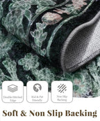 Farmhouse Dark Green Dining Room Rugs for Under Table - 6x9 Washable Cottagecore Distressed Low Pile Non Slip Flora Rug for Living Room, Bedroom, Nursery, Home Office - Soft Boho Moody Accent Mat