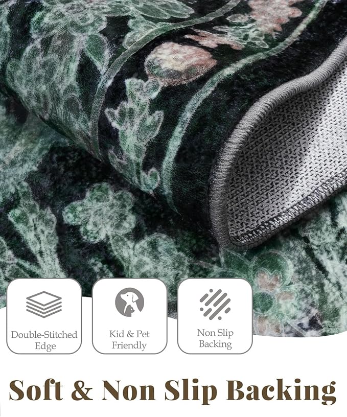 Farmhouse Dark Green Dining Room Rugs for Under Table - 6x9 Washable Cottagecore Distressed Low Pile Non Slip Flora Rug for Living Room, Bedroom, Nursery, Home Office - Soft Boho Moody Accent Mat