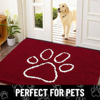 Smiry Dog Door Mat for Muddy Paws, Absorbent Dirt Trapper Non Slip Quick Dry Washable Chenille Mat for Mud Dogs, Entry Rug for Indoor and Outdoor (24x16 Inches, Red and White)