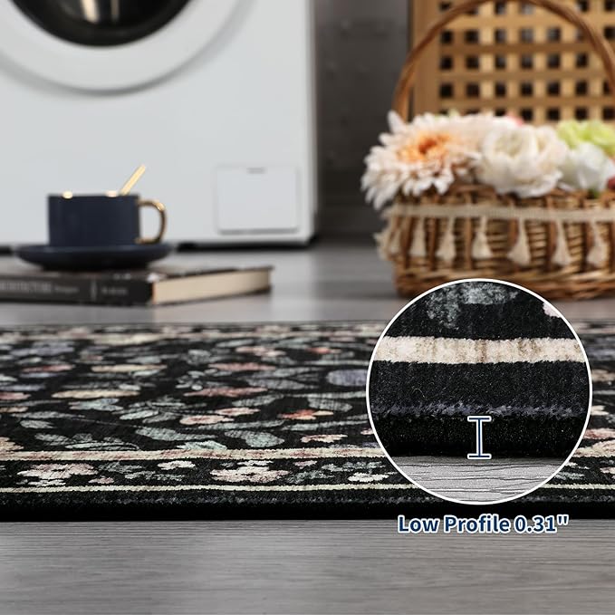 GarveeHome Washable Runner Rug 2.5 x 8 Non-Slip Non-Shedding Soft Vintage Bedside Low Pile Farmhouse Floral Carpet, Indoor Foldable Printed Entryway Rug for Hallway Kitchen, Black