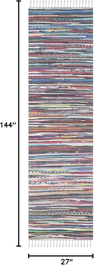 SAFAVIEH Rag Rug Collection Runner Rug - 2'3" x 12', Grey & Multi, Handmade Boho Stripe Cotton, Ideal for High Traffic Areas in Living Room, Bedroom (RAR121M)
