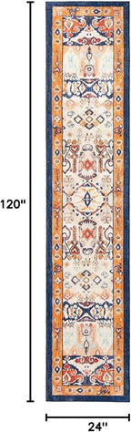 Phantoscope Washable Runner Rug 2'x10' Non-Slip, Vintage Boho Hallway Rugs for Entryway, Stair, Bedroom, Dining Room, Distressed Persian Market Pattern, Low-Pile Foldable Floor Carpet, Navy/Orange