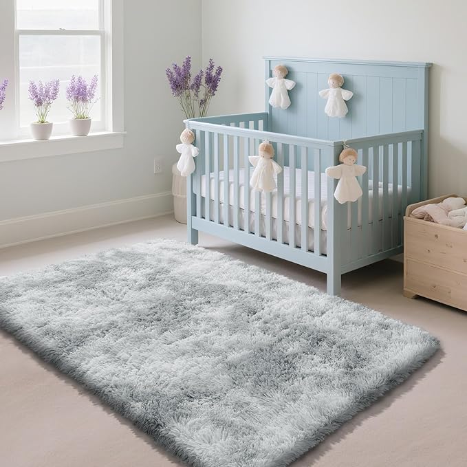 Fluffy Rug Shaggy Area Rug, Mottling Grey 4x6 Area Rugs for Bedroom, Small Bedside Rug, Soft Fluffy Shaggy Entryway Throw Rugs for Living Room Bedroom Kids Room Home Decor
