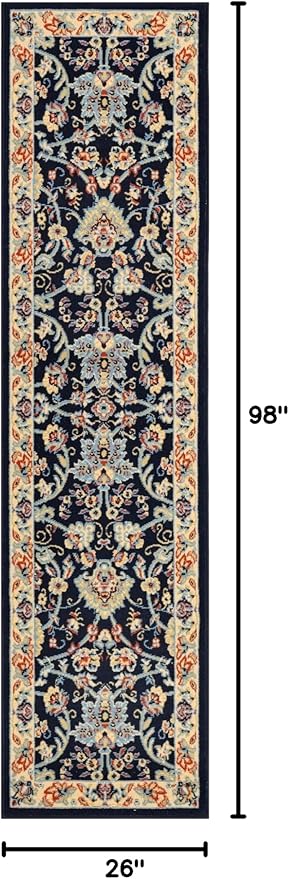 Rugs.com Yasmin Collection Rug – 8 Ft Runner Navy Blue Medium Rug Perfect for Hallways, Entryways