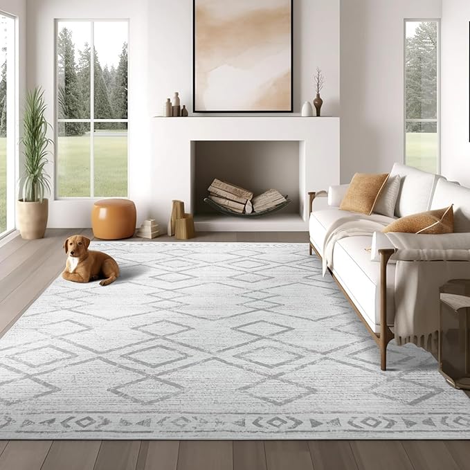 jinchan Moroccan 8x10 Area Rugs for Living Room - Machine Washable Soft Modern Geometric Stain Resistant Ultra-Thin Low-Pile Large Rug Non-Slip Carpet for Bedroom Kitchen Dining Room (8x10ft, Grey)