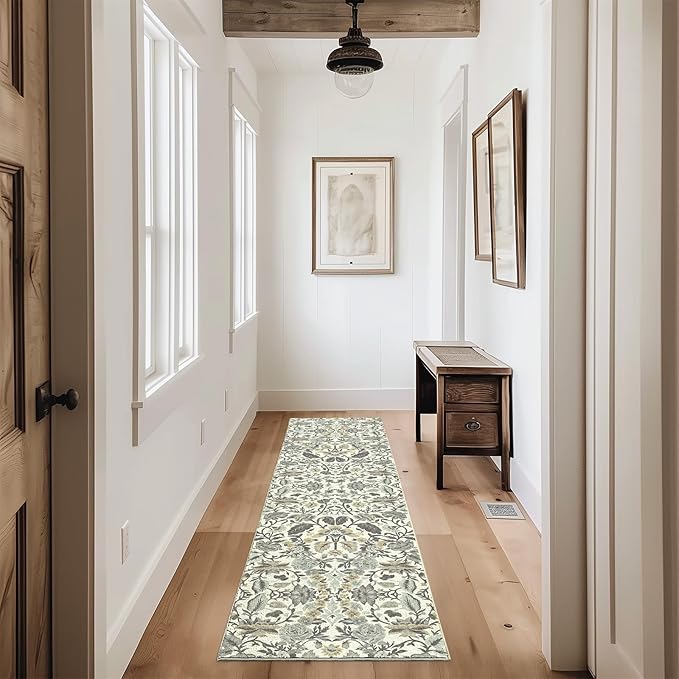 EVERGRACE Hallyway Area Runner Rugs 2x8, Boho Floral Faux Wool Indoor Outdoor Rugs, Washable Rugs for Bedroom Dining Room Living Room Kitchen, Low Pile Floor Mat Carpet for Home Decor, Gray