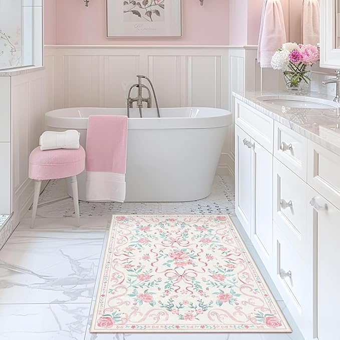 Pink Rug Bow Floral Rugs for Girls, 2x3 Washable Small Area Rug for for Entryway, Kitchen, Front Door Indoor Entrance, Non Slip Carpet for Bathroom Bedroom Living Room