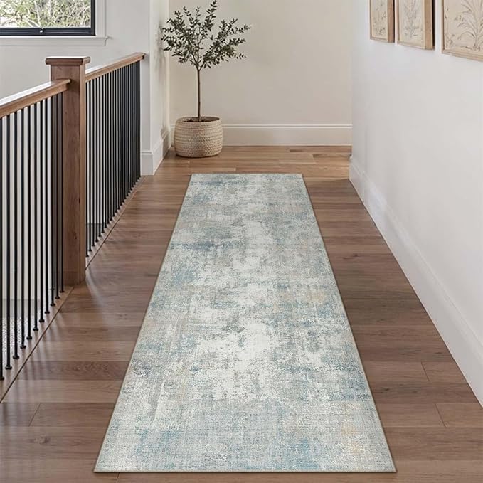 3x8 Washable Runner Rug Blue Cream Abstract Hallway Kitchen Throw Rug Neutral Modern Non Slip Soft Low Pile Lightweight Carpet for Bathroom Laundry Bedroom Living Room