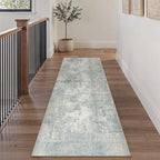 3x7 Washable Runner Rug Blue Cream Abstract Hallway Kitchen Throw Rug Neutral Modern Non Slip Soft Low Pile Lightweight Carpet for Bathroom Laundry Bedroom Living Room