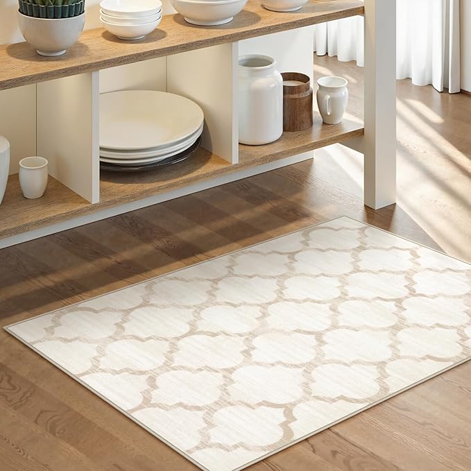 Lahome Moroccan Washable Rugs 2x3 - Small Area Rug 2x3 Non-Slip Kitchen Rug Soft Throw Non-Shedding Bedroom Rug Bath Mat Ivory Distressed Doormat Entry Way Rugs Indoor for Kids Nursery Room Bedside