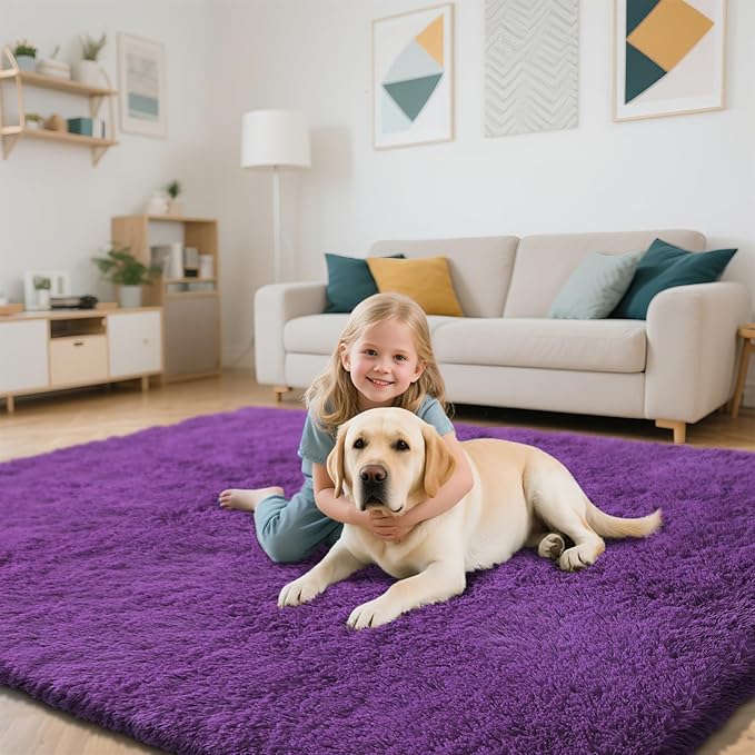 Purple Fluffy Rug Shaggy Area Rug, 9x12 Area Rugs for Girls Bedroom, Big Soft Shaggy Bedside Non-Slip Plush Dorm Nursery Kids Carpet Home Decor Aesthetic