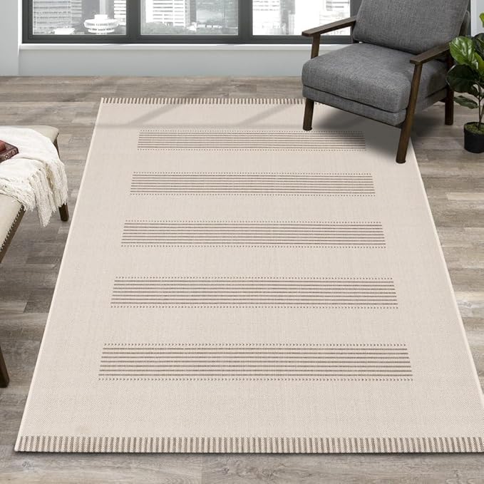 6x9 Rug with Modern Striped Pattern, Stylish Neutral Area Rug in Beige and Cream, Durable Low Pile Decorative Carpet for Living, Dining, or Bedroom