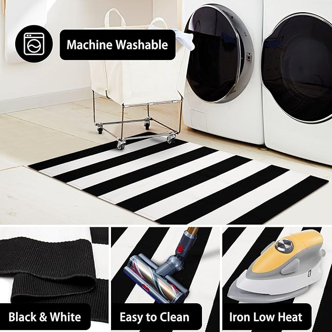 KOZYFLY Black and White Striped Area Rug 4x6 Ft Outdoor Rug Washable Indoor Outdoor Rug Hand Woven Cotton Door Mat Outdoor Entrance Mat for Front Door Kitchen Entryway Patio Front Porch Decor
