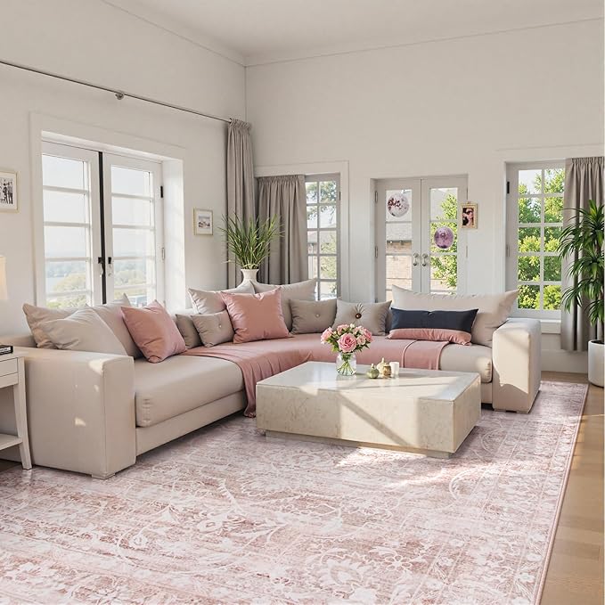 Lahome Pink Area Rugs 8x10,Washable Boho Living Room Rugs,Floral Large Area Rugs Non-Slip Soft Bedroom Rug 8x10 Under Bed Baby Girl Nursery Rug for Dining Room Table Office (Pink,8'X10')
