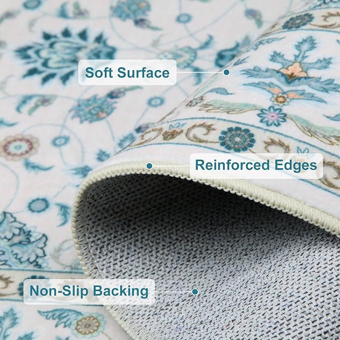 WILLSUN Washable Area Rugs, 8x10 Non-Slip Boho Large Area Rugs for Living Room, Bedroom, Machine Washable Vintage Rug, Indoor Floral Print Carpet for Home Decor, Kid & Pet Friendly Mat
