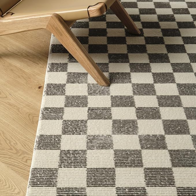 Revival Rugs Gambit 6'7"x9' Checkered Rug Washable Area Rug for Living Room Bedroom - 100% Recycled Oeko-TEX Certified, Medium Pile, Gray, Beige
