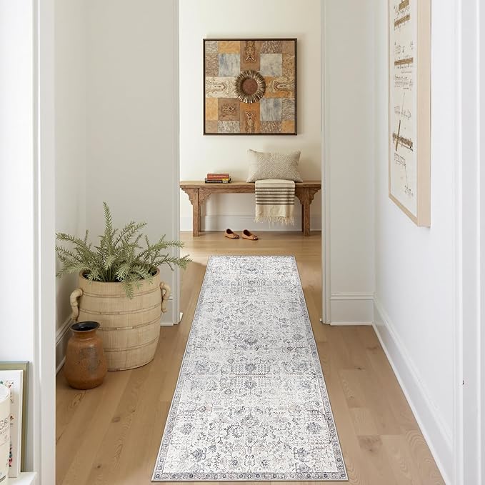 jinchan Kalen Runner Rug 2x7 Washable Hallway Rug Vintage Indoor Thin Retro Floor Cover Distressed Gray Floral Country Lightweight Non Slip Carpet for Entryway Bathroom Bedroom Living Room Grey