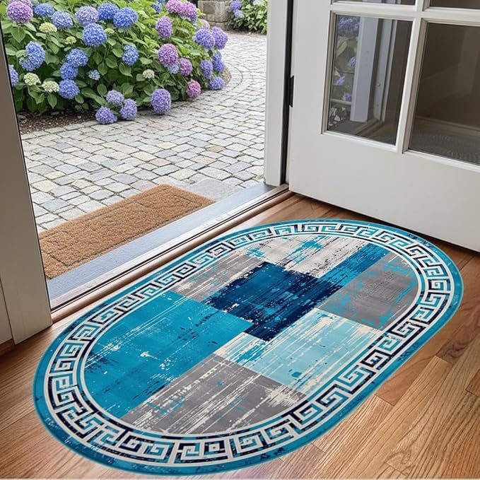 Distressed Blue Grey Greek Key Pattern Indoor Area Rug 4x6 for Living Room Bedroom Dining Room Faux Wool Anti Slip Floor Mats Nursery Entryway Minimalist Geometric Texture Bordered Rugs Retro Carpet