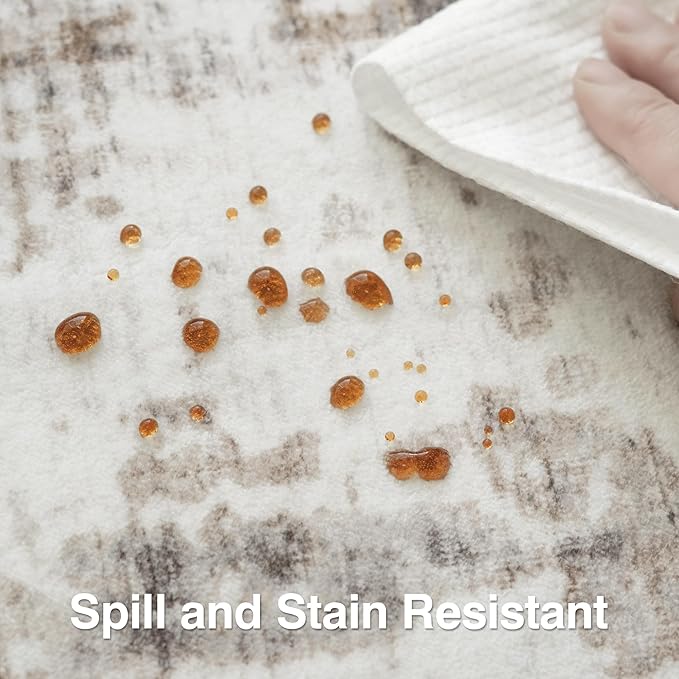 FMFUNCTEX 4x5 Washable Area Rug Neutral Vintage Beige Non Slip Low Pile Traditional Indoor Carpet for Entryway Living Room Bedroom Soft Retro Floral Mat Throw Rug for Dining Office Kitchen Entryway