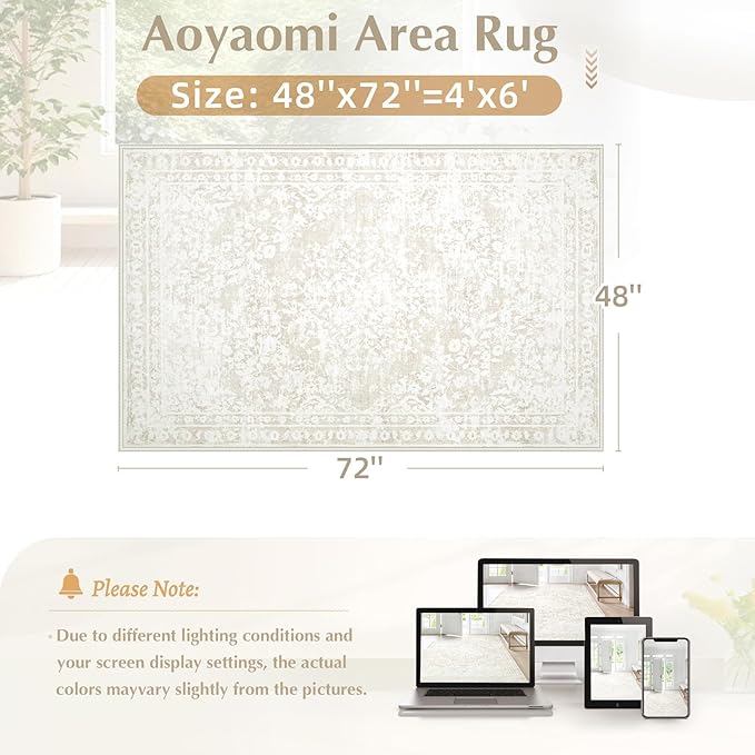 Area Rug 4x6 Entryway Rugs - Machine Washable Vintage Boho Area Rug Non-Slip Bedroom Rugs Soft Stain Resistant Living Room Carpet, Floral Distressed Rug for Dining Room Office(Cream Beige, 4'x6')