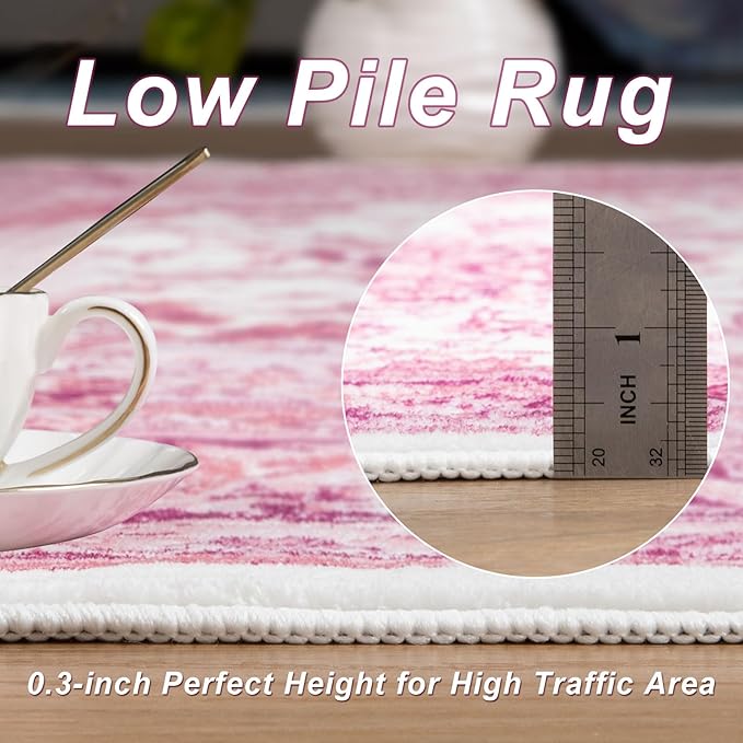 Bright Pink Area Rug for Girls Bedroom, 3x5 Soft Washable Rugs with Non-Slip Backing for Living Room, Cute Vintage Carpet for Kitchen Laundry Kids Room Decor
