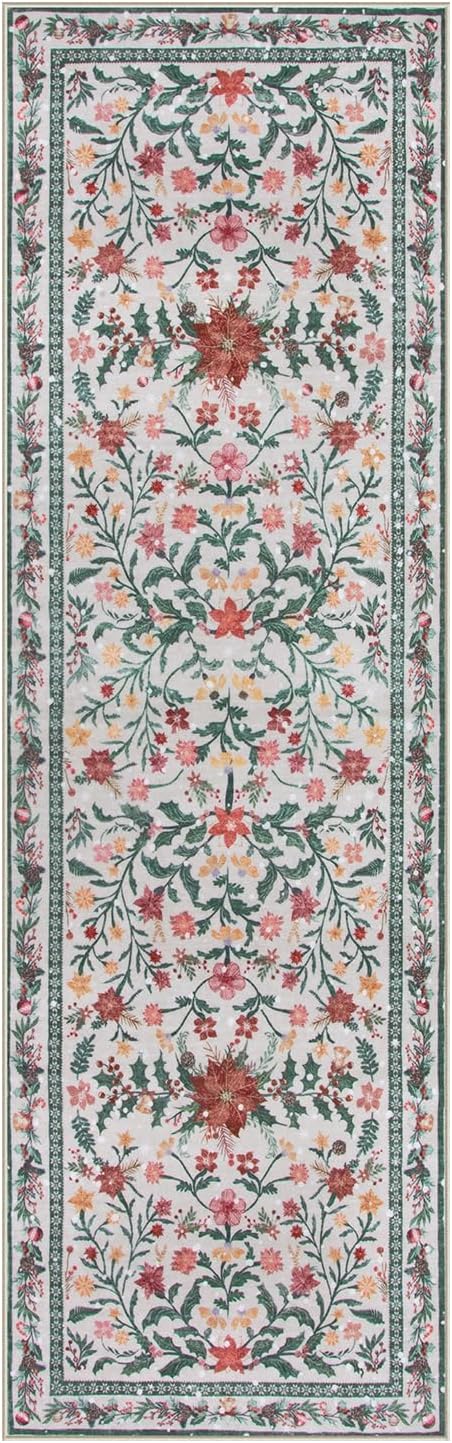 Lahome Christmas Runner Rug for Hallway 2'6'' x 8', Christmas Kitchen Front Porch Decor Carpet Runners 8ft, Botanical Narrow Rugs for Long Front Porch Winter Greenery Holiday Decor