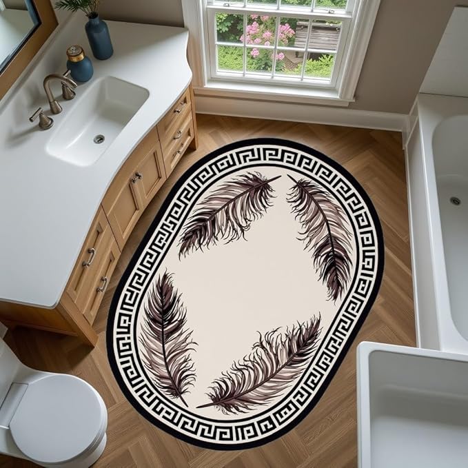 Light Beige Tan Black Greek Key Pattern Bordered Large Rugs for Living Room Bedroom Dining Room Machine Washable Non Skid Soft Area Rug 3x5 Nursery Dorm Guestroom Minimalist Oval Floor Mats Carpet