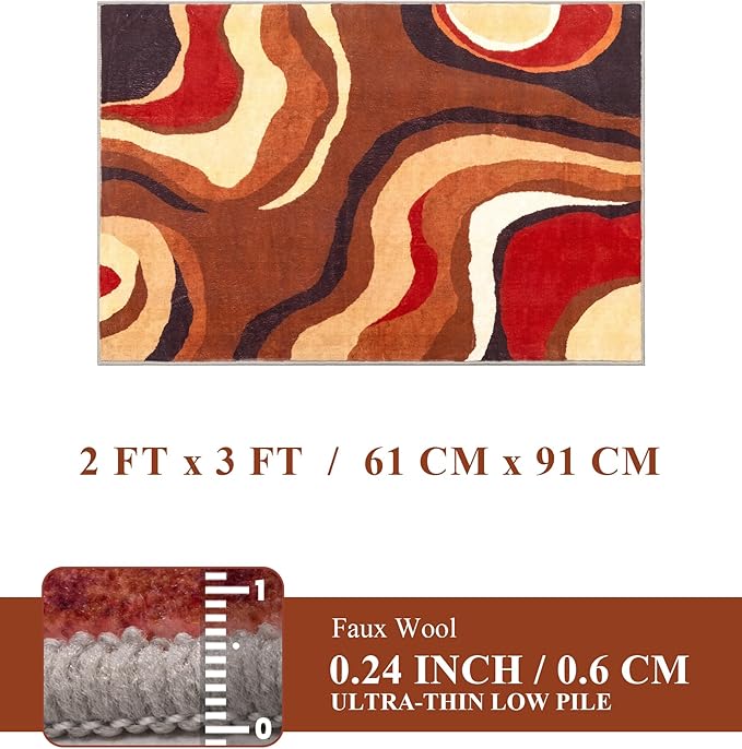 YIHOUSE Burnt Orange Rug 2x3 Washable,Farmhouse Brown Retro Carpets,Geometric Abstract Wavy Rug for Bedroom,Unique Colorful Rugs for Living Room,Dining Room,Bedside Rugs