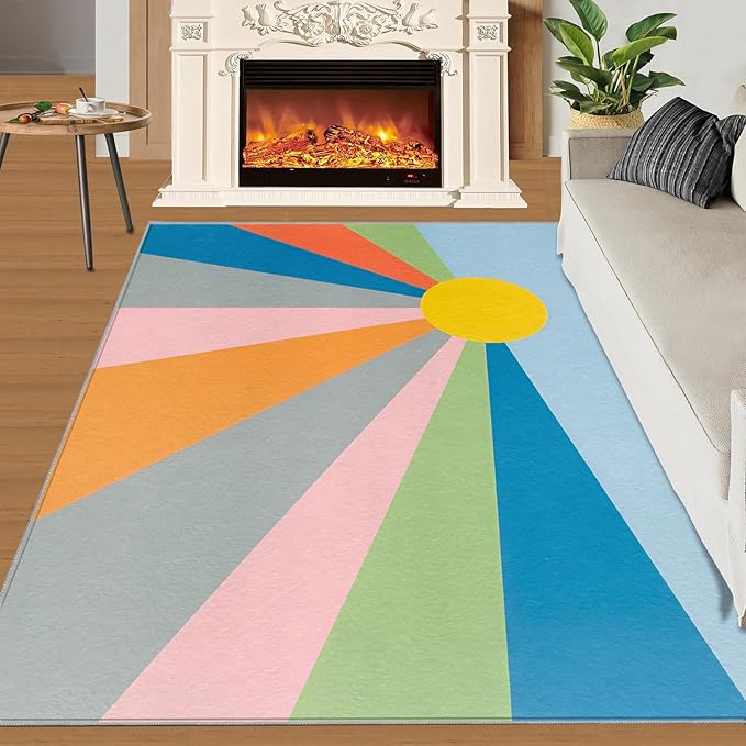 Boho Sun Area Rugs 5x6ft, Abstraction Deco Rugs for Kids Bedroom, Minimalist Sunburst Office Rug Low Pile are Not Stumbling Foot for Living Room End Table Nursery