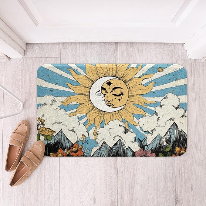 Erosebridal Sun and Moon Bathroom Mat Boho Bohemian Hippie Microfiber Bath Rug Moon Phase Print 3D Entryway Door Mat 16x24 Geometric Striped Bath Mat Sunflower Daisy Bath Rugs Retro Decor