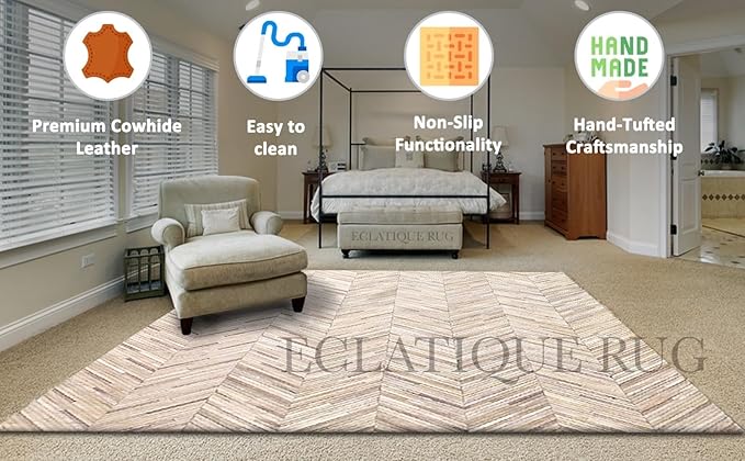 Elegant Rectangular Rug Cowhide Leather Luxury Non Slip Foldable Chevron Patchwork Area Rug for Living Room and Entryway Floor Carpet (Beige-3 x 12 ft)